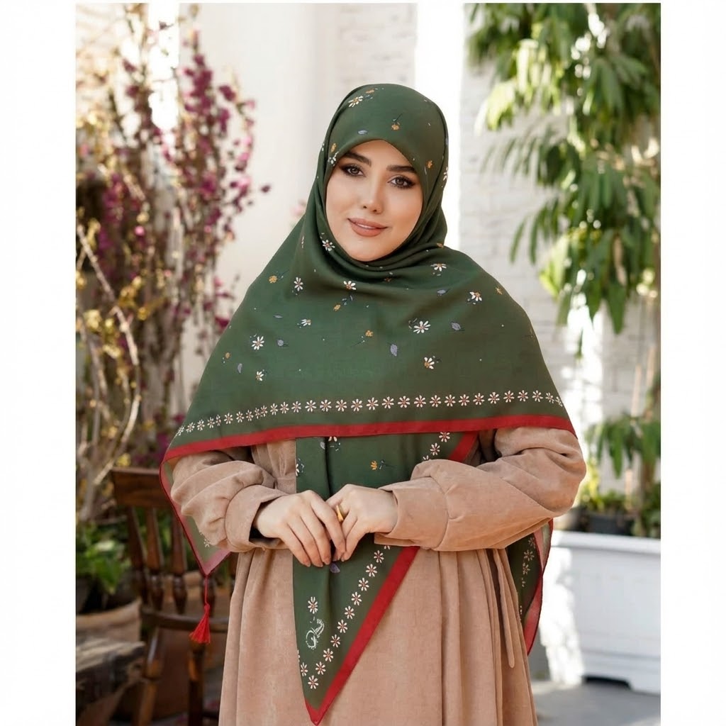 روسری کرپ نخ بابونه - زیتونی